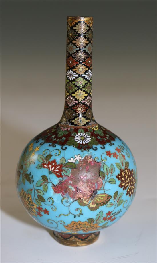 Namikawa Yasuyuki. A small Japanese cloisonne enamel bottle vase, Meiji period, 9.3cm, damage to one side